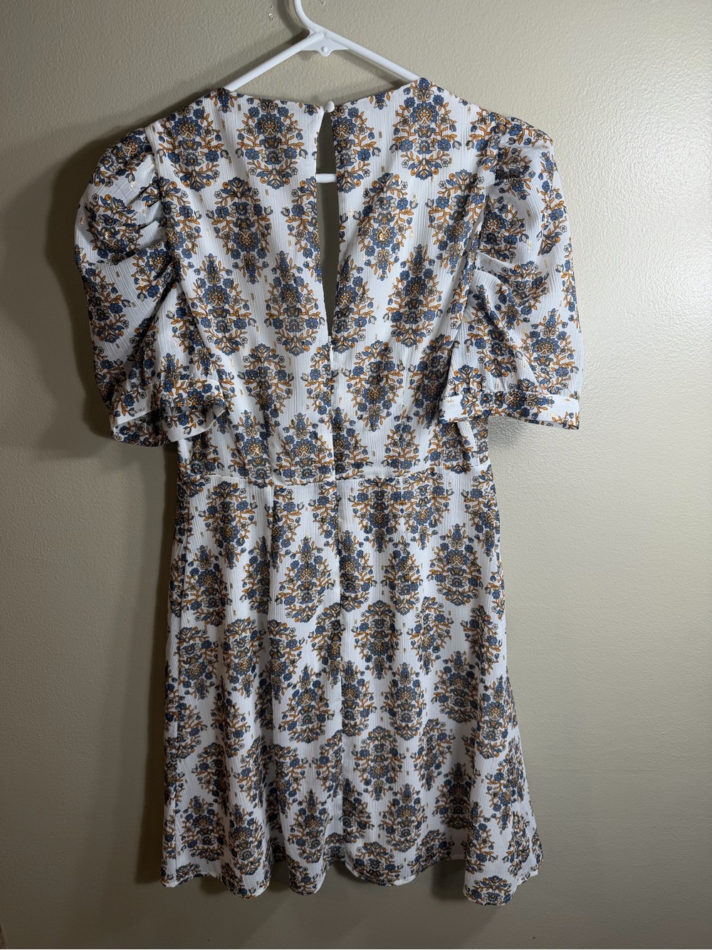 Express Floral Puff Sleeve Mini Dress S Blue Gold Deep V Open Back - Picture 8 of 9
